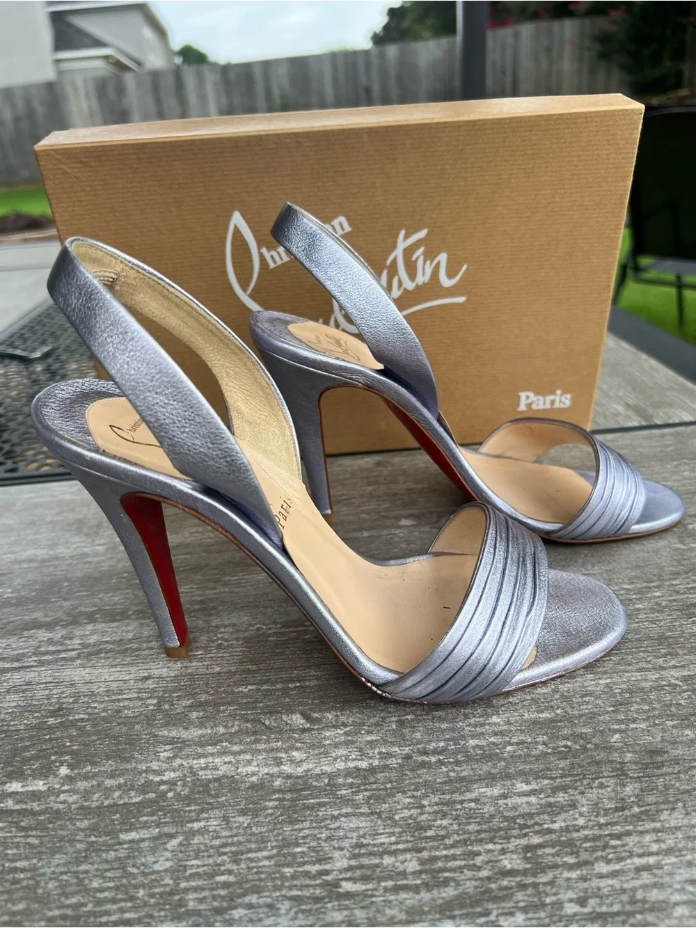 Christian Louboutin Marie Pli100 Silver Metallic Calf Laminato Leather Slingback